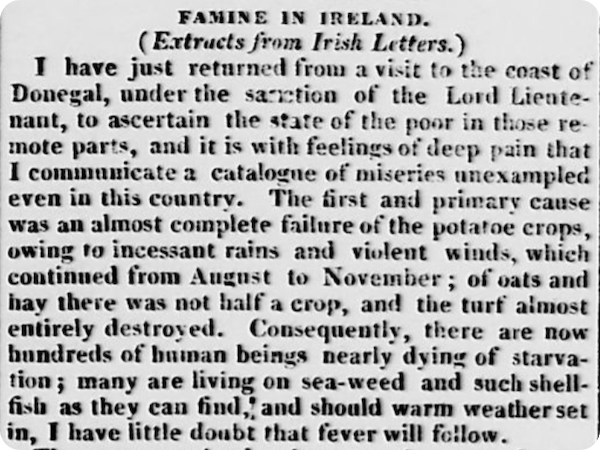 A letter in the Leicester Journal reporting on the Irish famine.