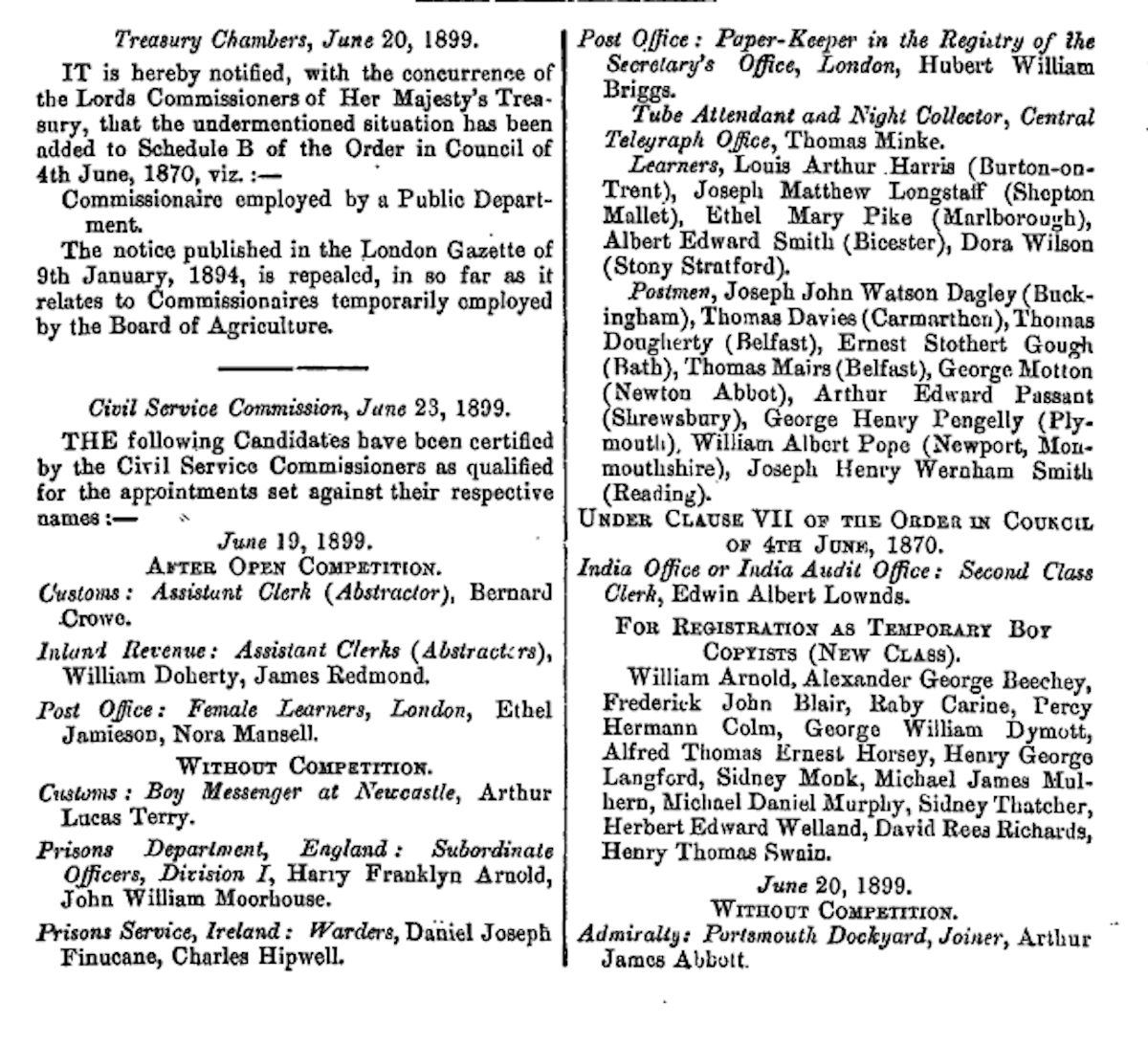 An 1899 page from the civil service records