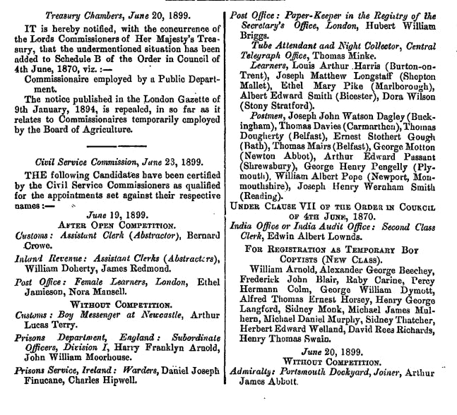 An 1899 page from the civil service records