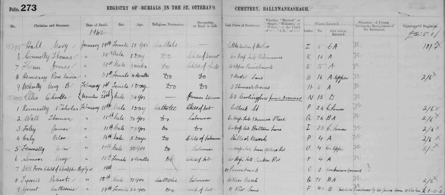 A snapshot of burial records from St. Otteran's Cemetery, Ballynaneashagh. 