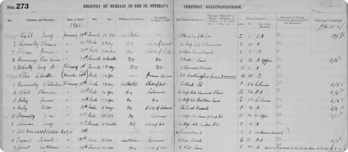 A snapshot of burial records from St. Otteran's Cemetery, Ballynaneashagh. 