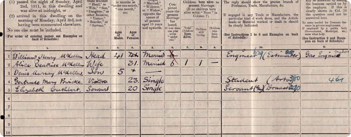 Denis and his family in the 1911 Census