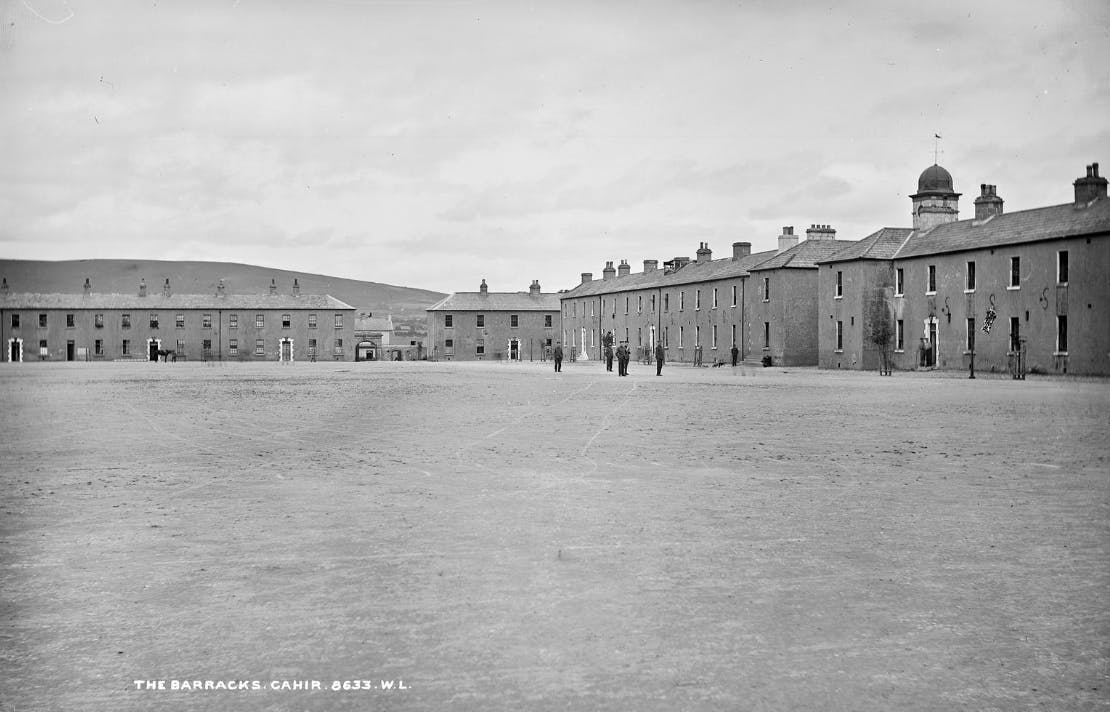 A photograph of barracks in a British Army garrison in Munster, Ireland, taken in the early 1920s. 