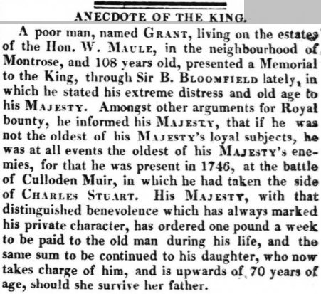 A elderly man is granted a stipend to be paid to him weekly, after he was left in poverty following the Battle of Culloden Muir, 1822.