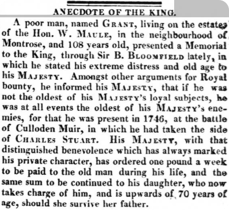 A elderly man is granted a stipend to be paid to him weekly, after he was left in poverty following the Battle of Culloden Muir, 1822.