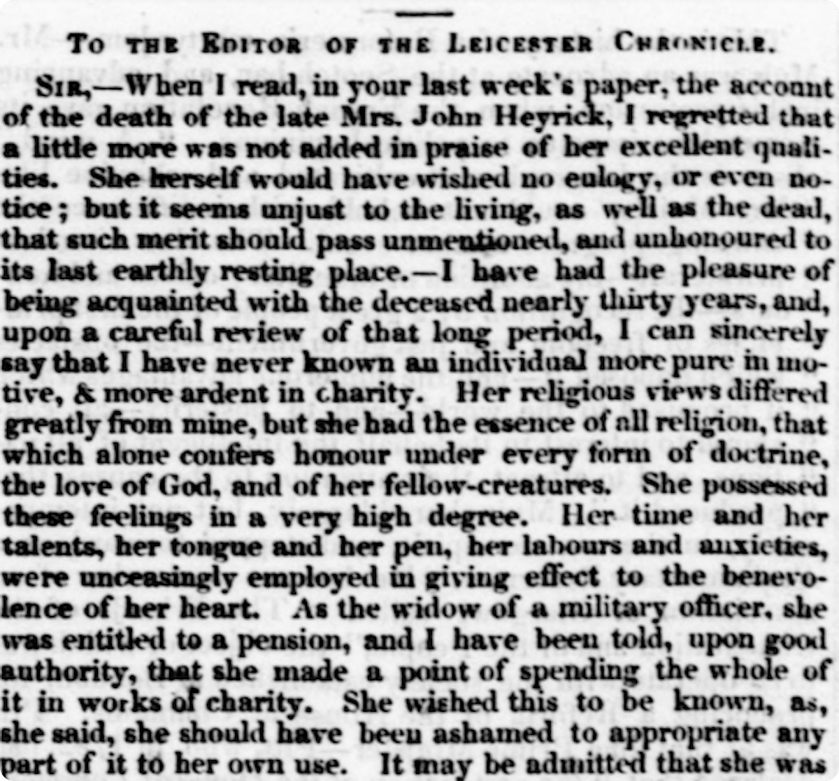 A dedication to Elizabeth Heyrick in the Leicester Chronicle.