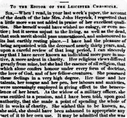 A dedication to Elizabeth Heyrick in the Leicester Chronicle.