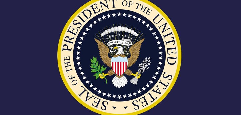 The presidential seal of the United States on an indigo background