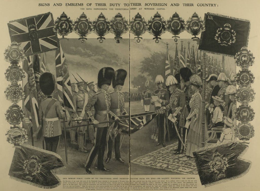 Units from the Territorial Army Forces receiving colours from His Majesty the King, as pictured in the Illustrated London News, 1906.