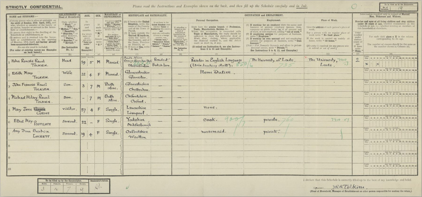 The Tolkien family's 1921 Census record.