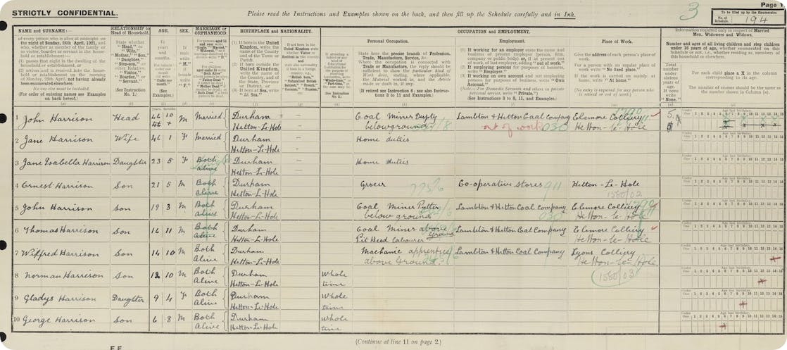 The Harrison family in the 1921 Census.