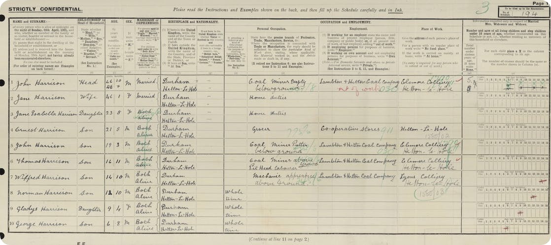The Harrison family in the 1921 Census. 