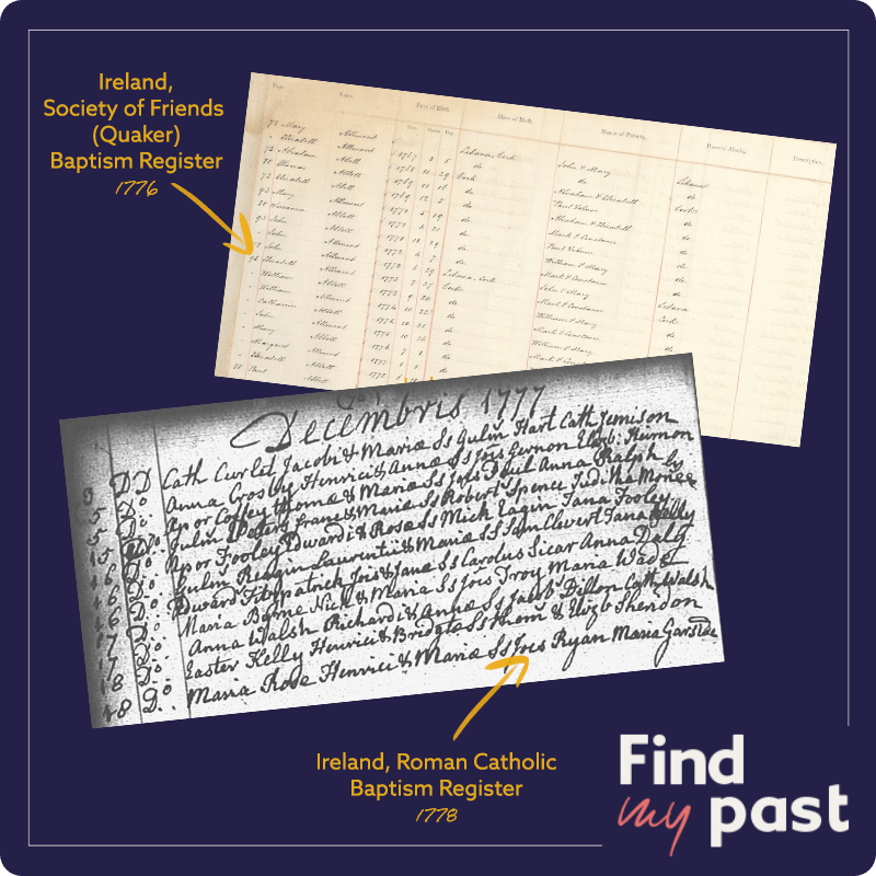 An Irish Quaker baptism register versus an Irish Roman Catholic baptism register.