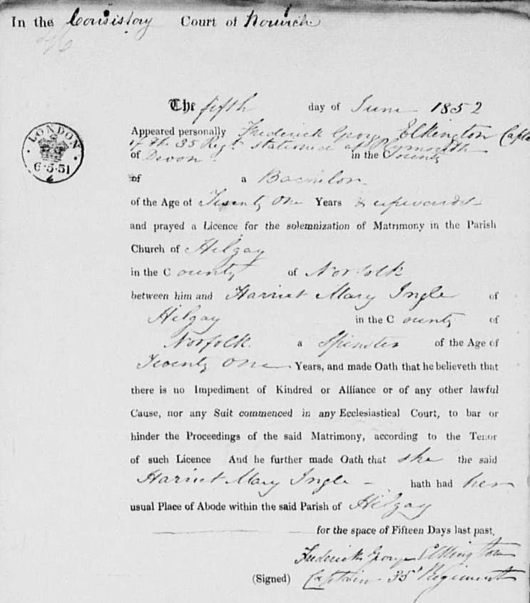 A marriage bond from Norwich, Norfolk, 1852.