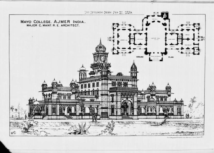 An illustration of Mayo College in India, found in the Building News, 1879.