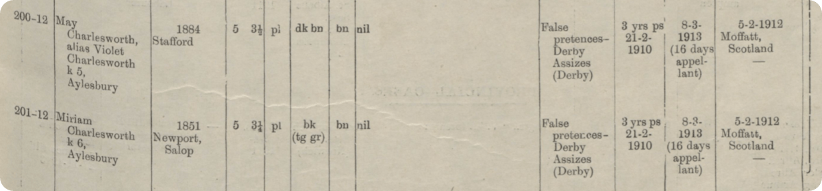 A further crime record, showing their release in 1912 to Moffat, Scotland.