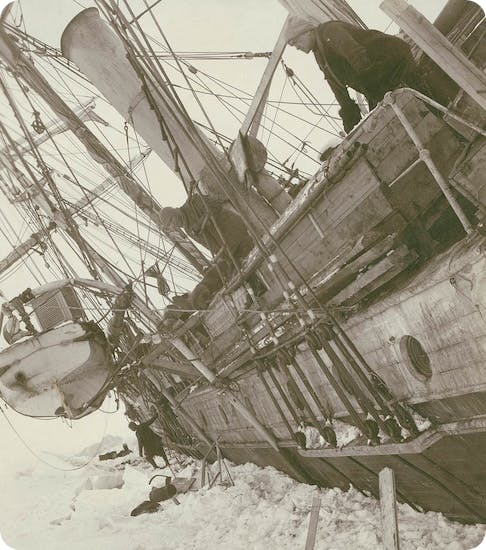 Ernest Shackleton and Frank Worsley with the Endurance, trapped in ice, 1915. Photograph taken by Frank Hurley. 