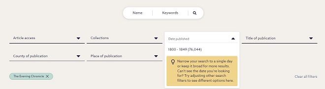Date and title filters in Findmypast's newspaper search