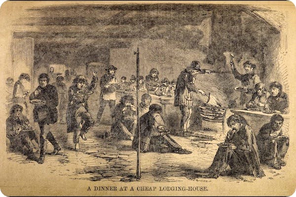 Dinner at cheap lodging house, 1859. Artist unknown.