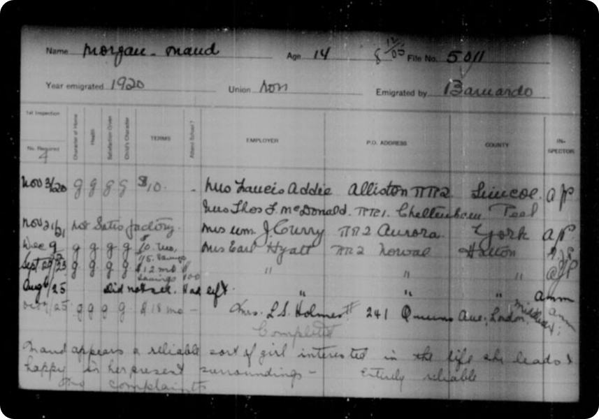 The inspection record of Maude Morgan, who emigrated with Dr Barnardo's aged 14 in 1920