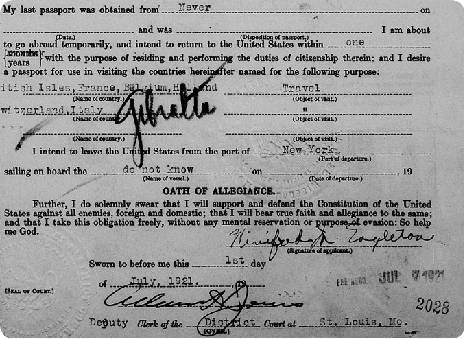 Dominic West's grandmother's passport application from 1921