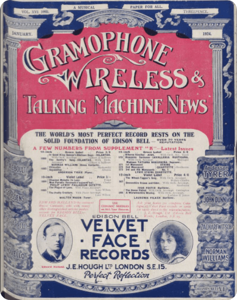 The cover page of the Gramophone, Wireless and Talking Machine News, 1 January 1924.