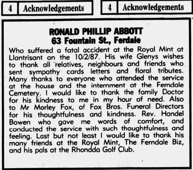 An acknowledgement and a thank you in the Rhondda Leader, 1987.
