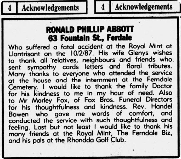 An acknowledgement and a thank you in the Rhondda Leader, 1987.