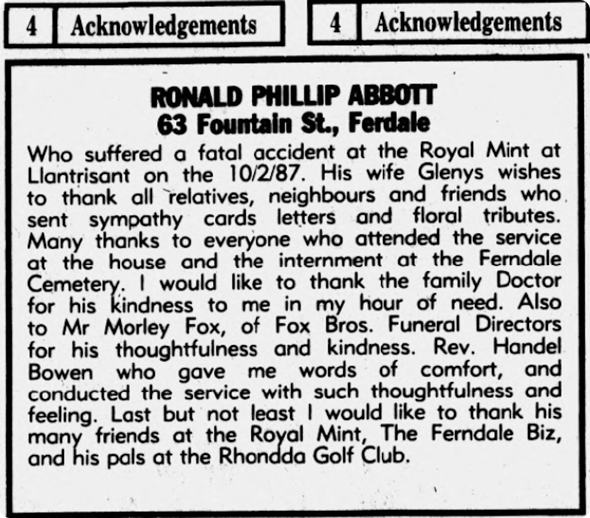 An acknowledgement and a thank you in the Rhondda Leader, 1987.