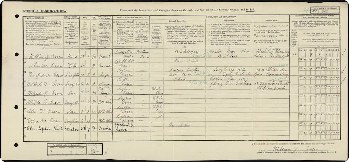 The census return of the Essex family, who lived in Leyton, Essex in 1921.