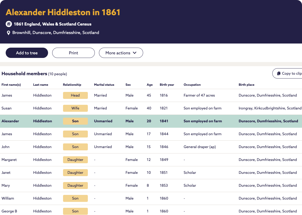 Tom’s 2x great-grandfather and 3x great-grandparents on the 1861 census.
