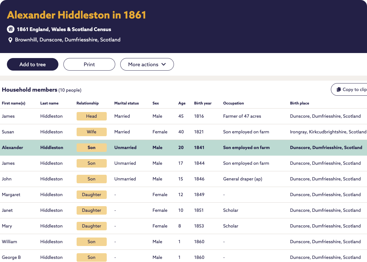 Tom’s 2x great-grandfather and 3x great-grandparents on the 1861 census.  