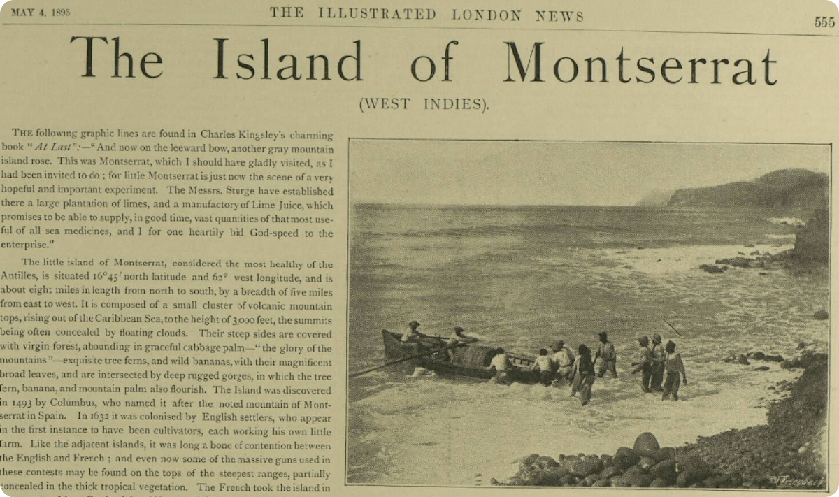 A page entitled 'The Island of Montserrat', featured in the Illustrated London News, 1895.