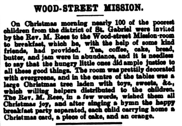 An article about a Christmas breakfast, by the Wood Street Mission, Walthamstow and Leyton Guardian, 1883.