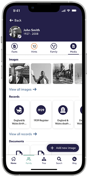 Media tab in the Findmypast app