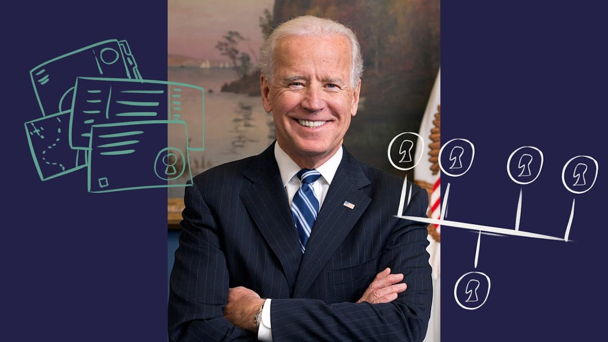 A photo of President Biden along with family tree and records illustrations