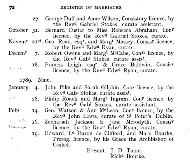 Dublin marriage register from 1790.