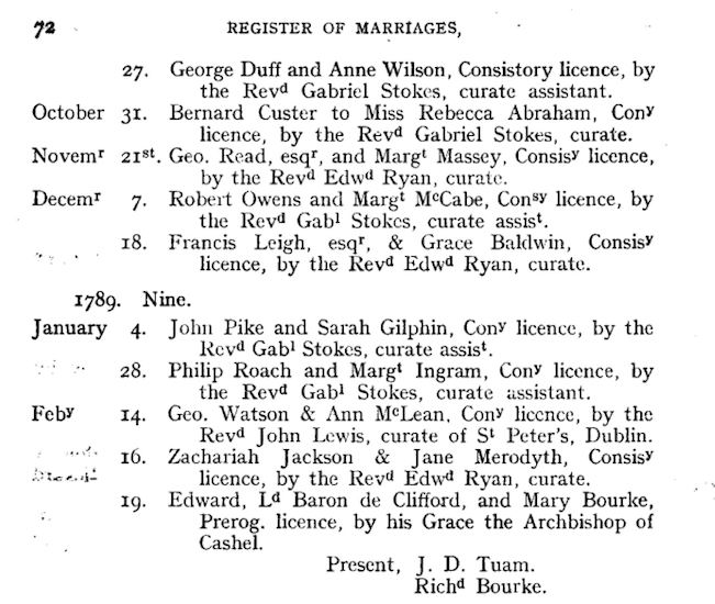 Dublin marriage register from 1790.