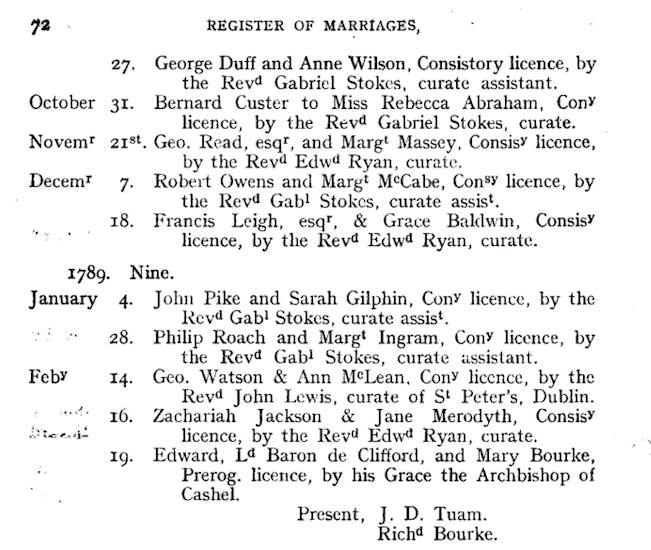 Dublin marriage register from 1790.