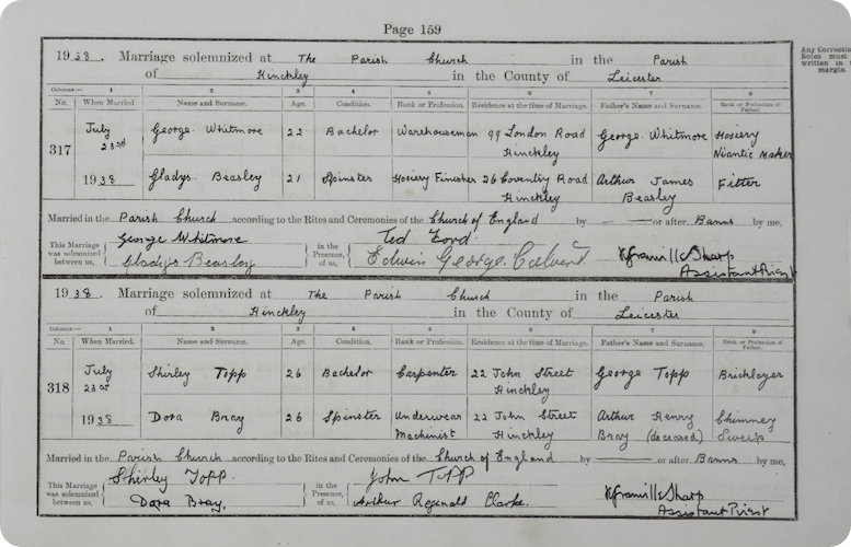 The marriage of Gladys Beasley and George Whitmore, 1938.