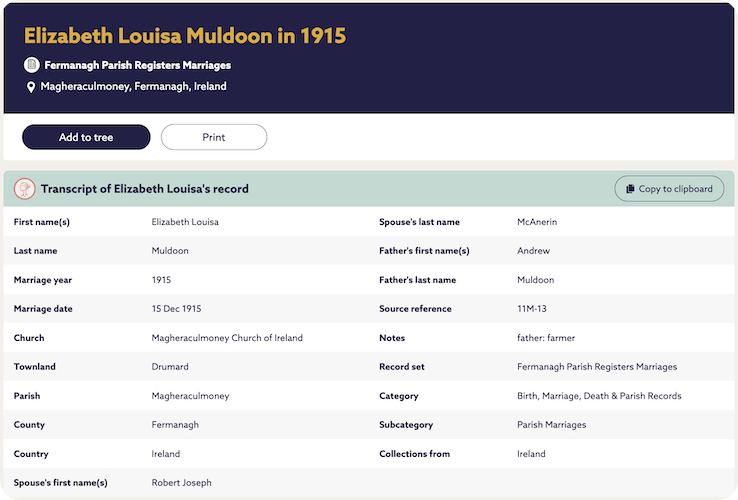 Elizabeth Louisa Muldoon Irish marriage record