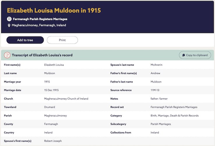 Elizabeth Louisa Muldoon Irish marriage record