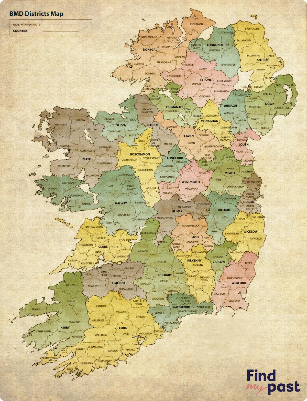 The civil registration districts map for Ireland.