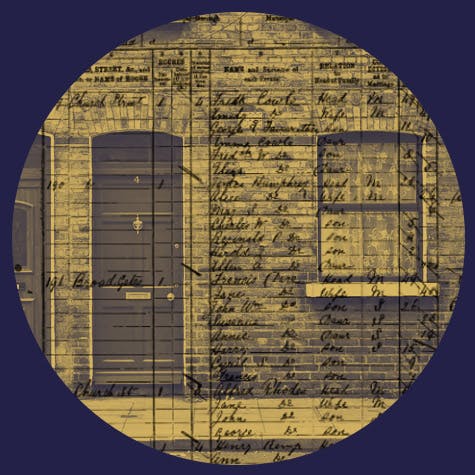 Census record overlaying vintage photo of old house