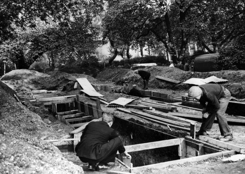 An air raid shelter being constructed in 1938