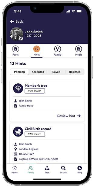 Family tree hints on Findmypast app