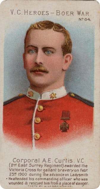 Corporal A. E. Curtis, depicted on a cigarette card series of 'Boer War heroes' from 1902.