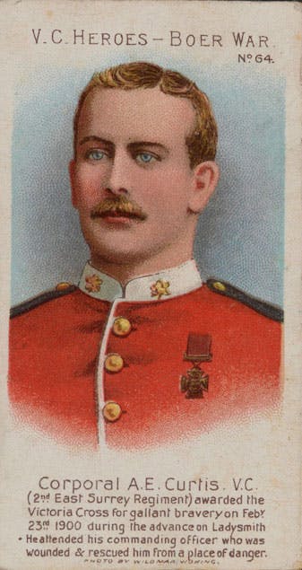 Corporal A. E. Curtis, depicted on a cigarette card series of 'Boer War heroes' from 1902.