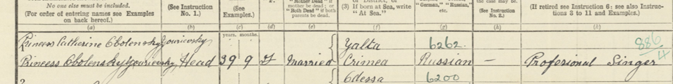 Princess Catherine Alexandrovna Youriesvsky's 1921 Census return.