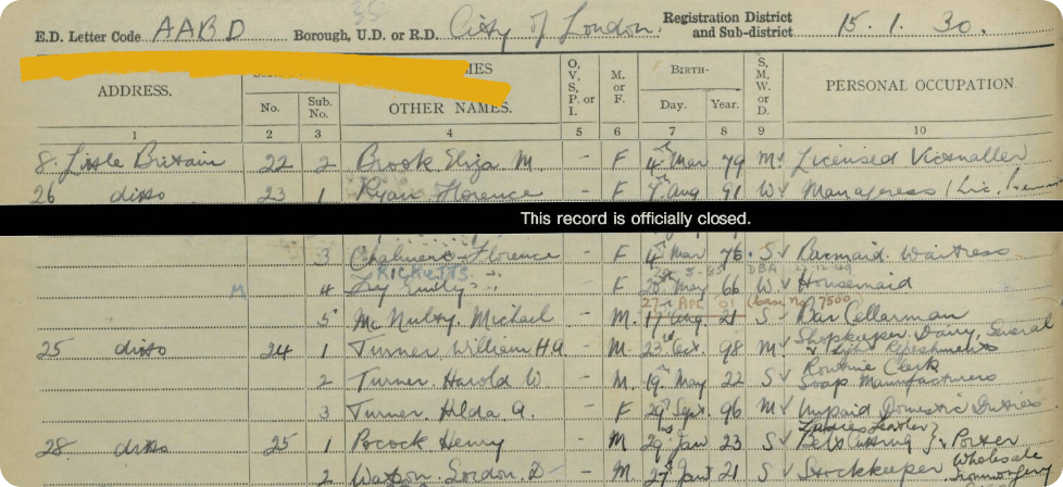 An example of an Enumeration District code on a 1939 Register record.